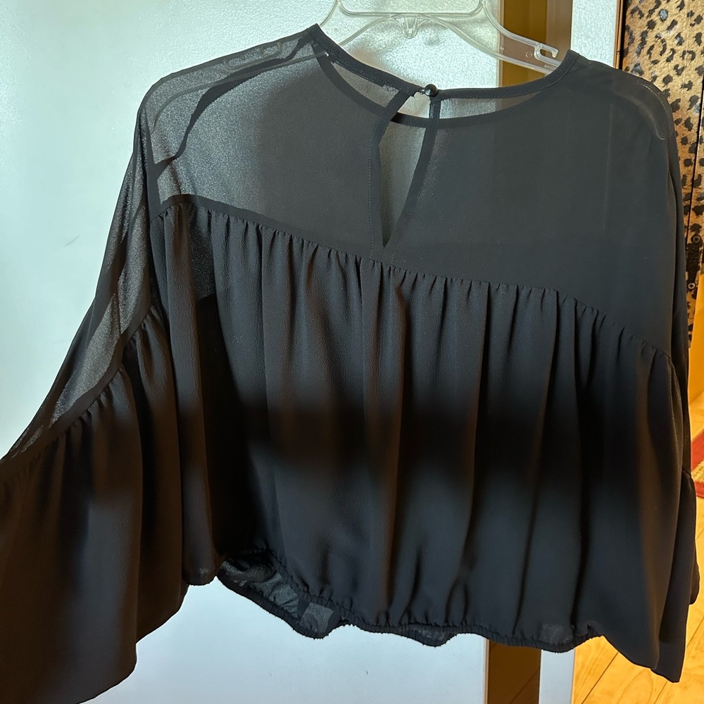 Sisley Black Semi Sheer Elastic Waist Blouse Sultry Night Out Top Size Small